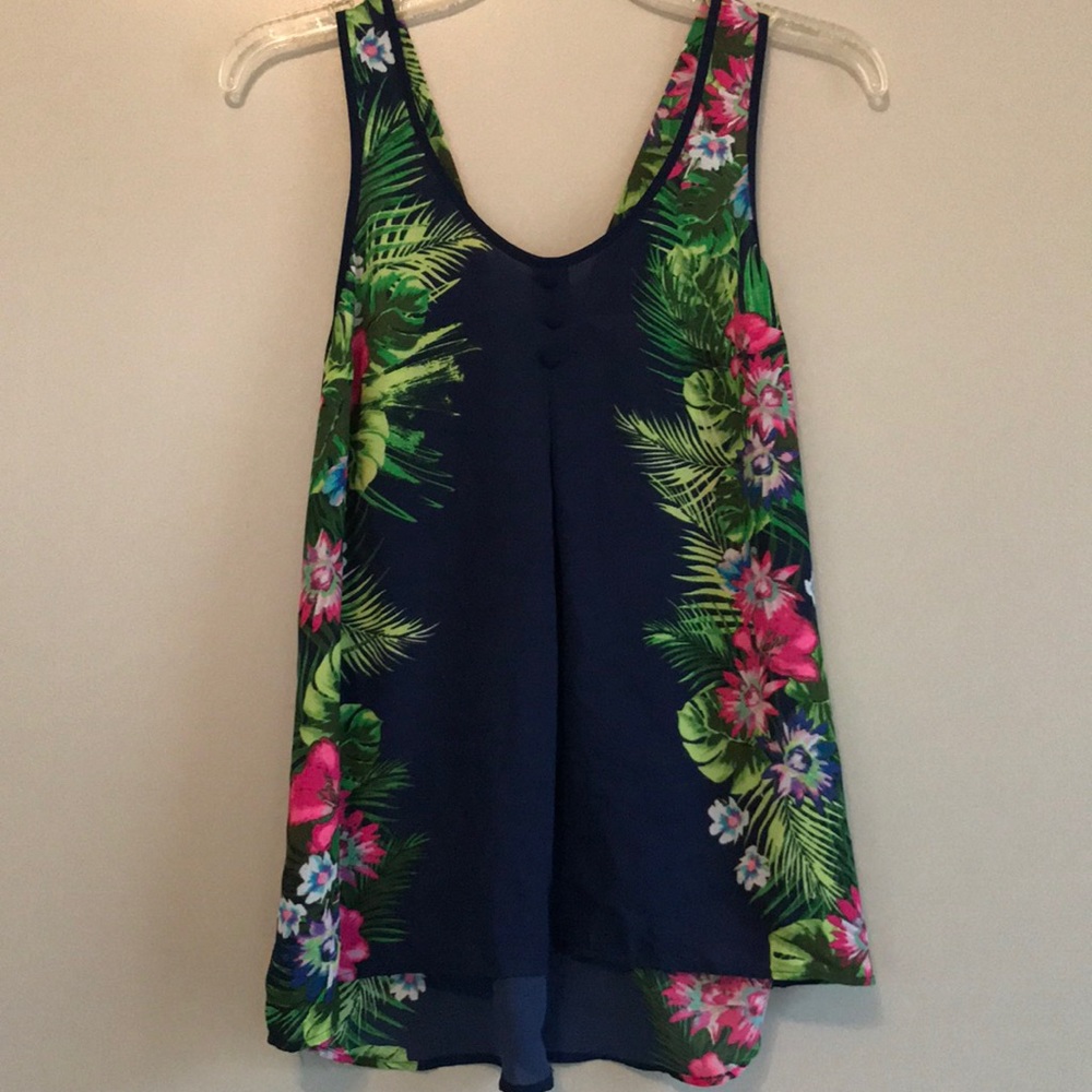Navy blue tropical sleeveless blouse with bow